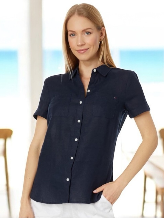 Tommy Hilfiger Tops - Tommy Hilfiger Navy Blue Short Sleeve Linen blend Button Down Blouse XS - NWT
